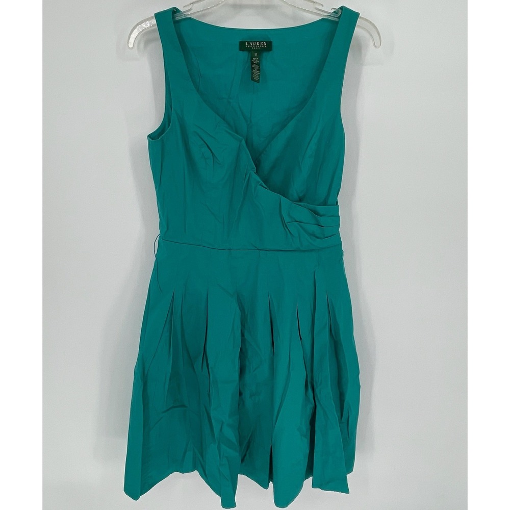 Lauren Ralph Lauren Women's Teal Pleated Faux Wrap Fit & Flare Dress Size 10